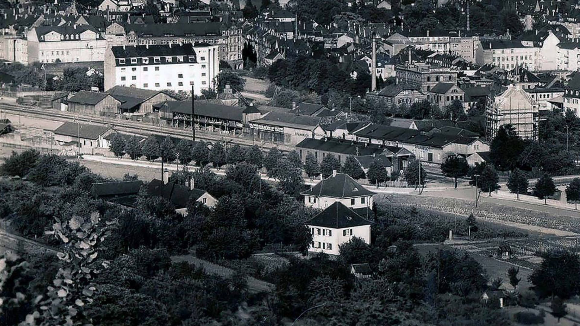 Fahrländer Areal und Kelterstraße in 40er Jahre - historische Aufnahme des Industriegebiets